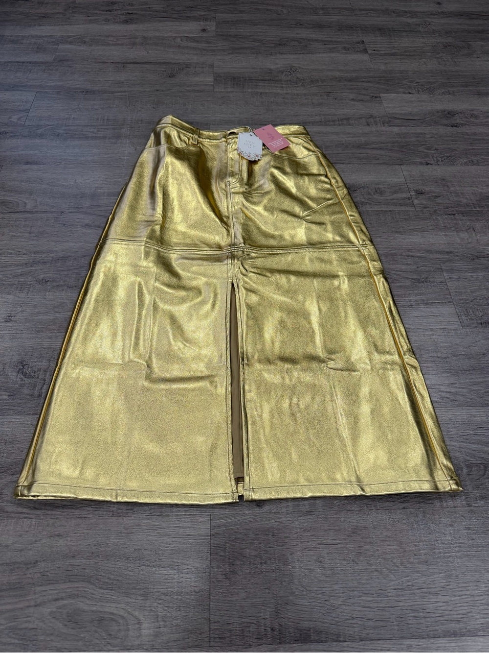 RARE-NWT Ivy City Co Metallic Gold Midi Skirt with Front Slit